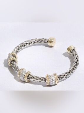 Two-Tone Braided/Woven Wheat Cuff with 3 Barrel Pavé Stations